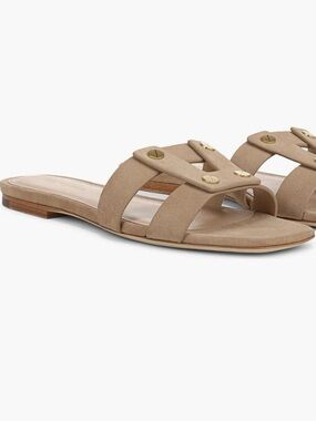 Veronica Beard Via Suede Slide Sandals in Sand with Gold Studs